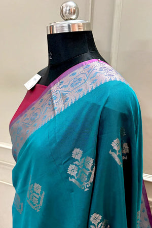 Teal and Pink Golden Zari Banarasi Silk Saree