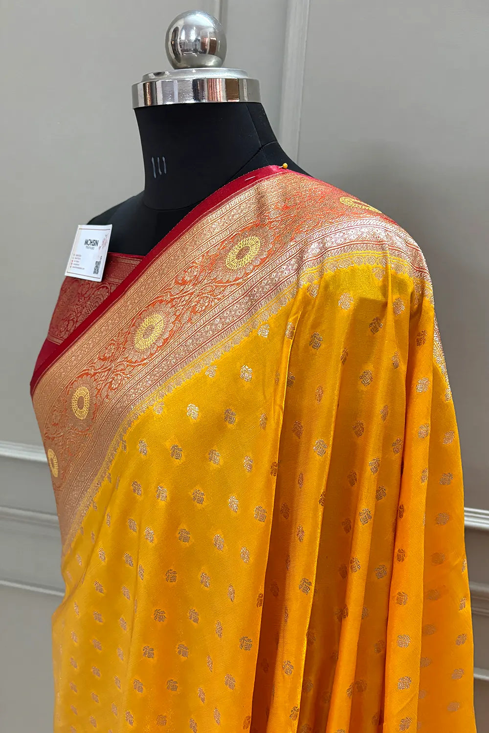 Yellow and Maroon Makkhi Buti Katan Silk Banarasi Saree