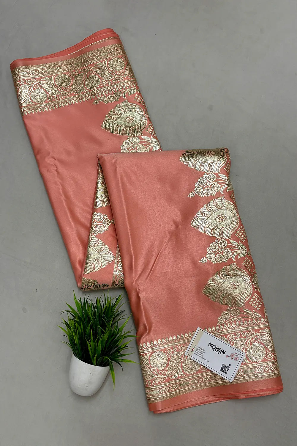 Peach Royal Plain Katan Satin Silk Banarasi Saree