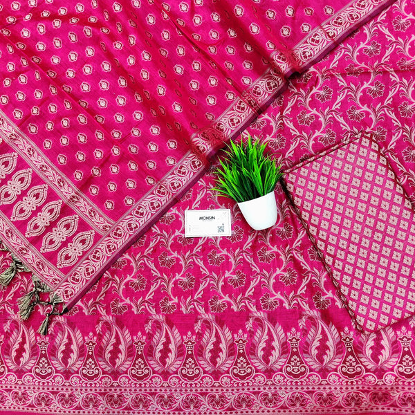 Rani Pink Surahi Jaal Cotton Silk Banarasi Suit