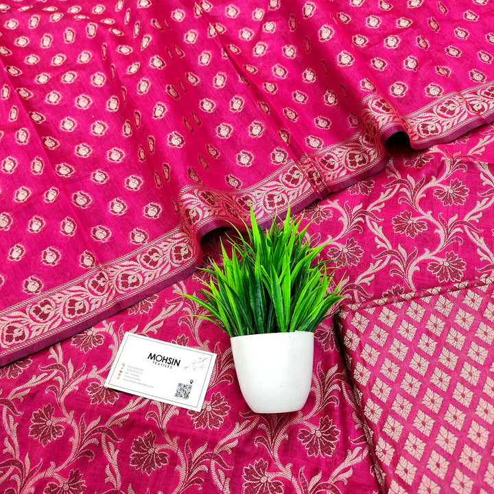 Rani Pink Surahi Jaal Cotton Silk Banarasi Suit