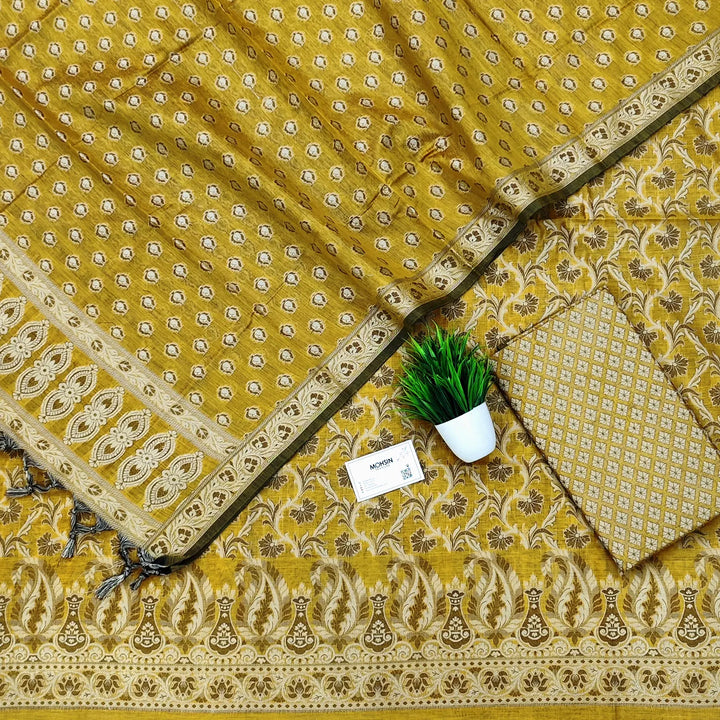 Mustard Surahi Jaal Cotton Silk Banarasi Suit