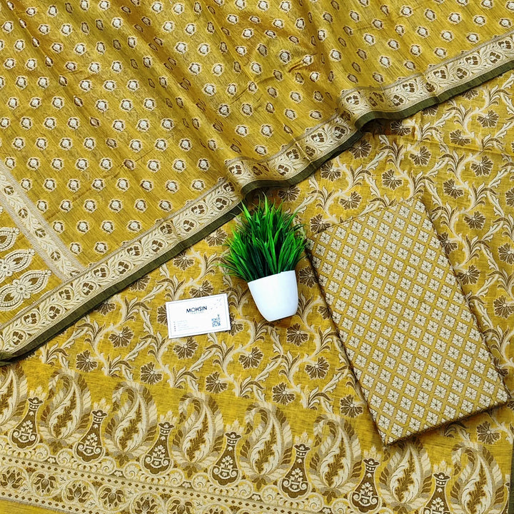 Mustard Surahi Jaal Cotton Silk Banarasi Suit