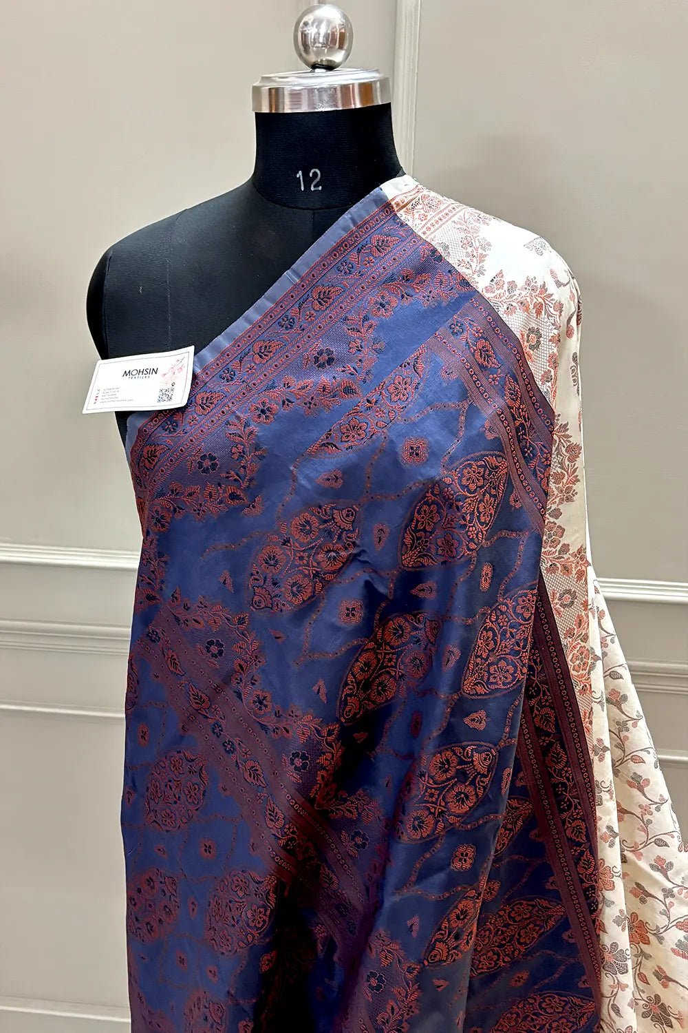 Beige and Navy Blue Resham Silk Banarasi Saree