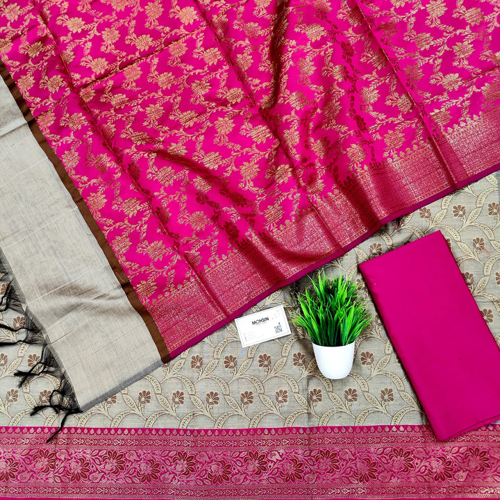 Beige and Pink Patti Jaal Banarasi Silk Suit