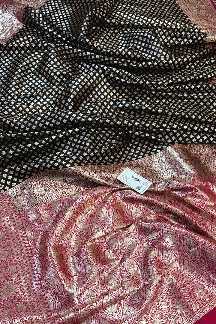 Black and Pink Chidi Buti Katan Silk Banarasi Saree