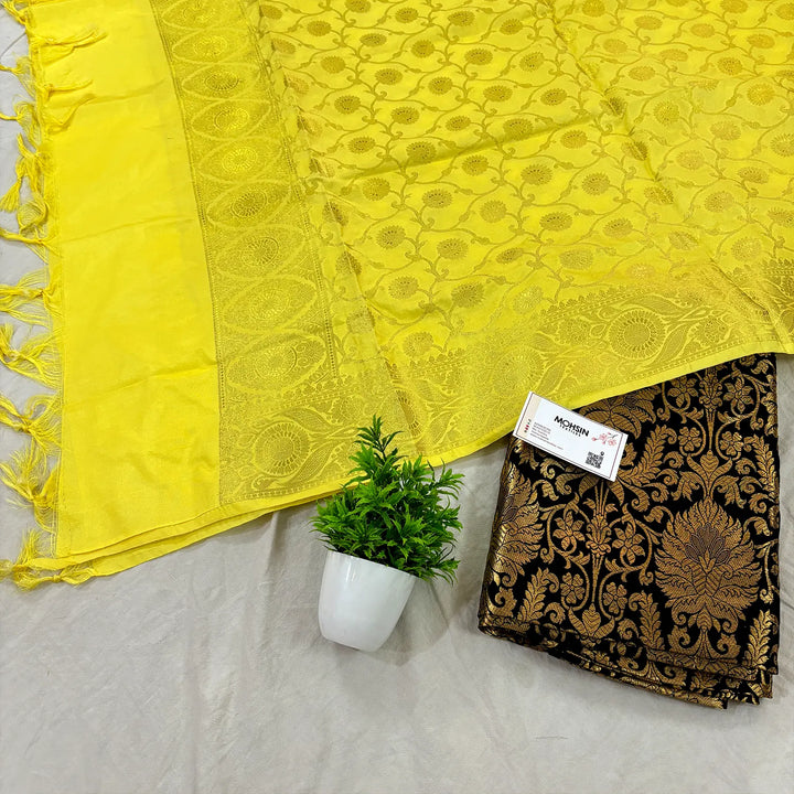 Black and Yellow Alankaar Katan Silk Banarasi Suit