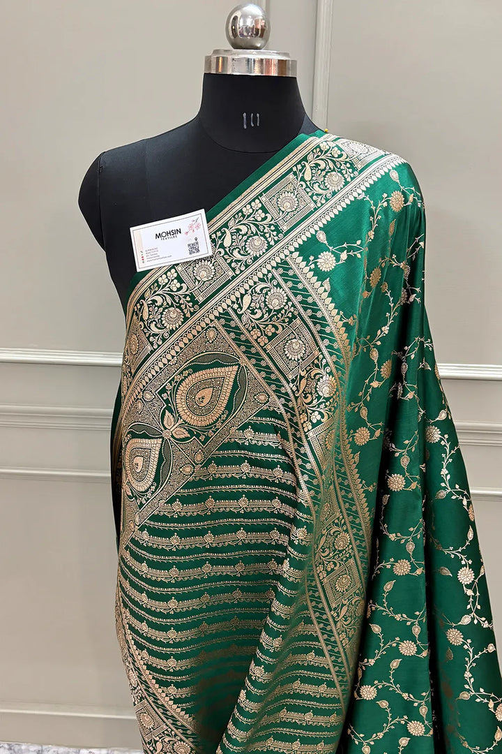 Bottle Green Albeli Jaal Katan Silk Banarasi Saree