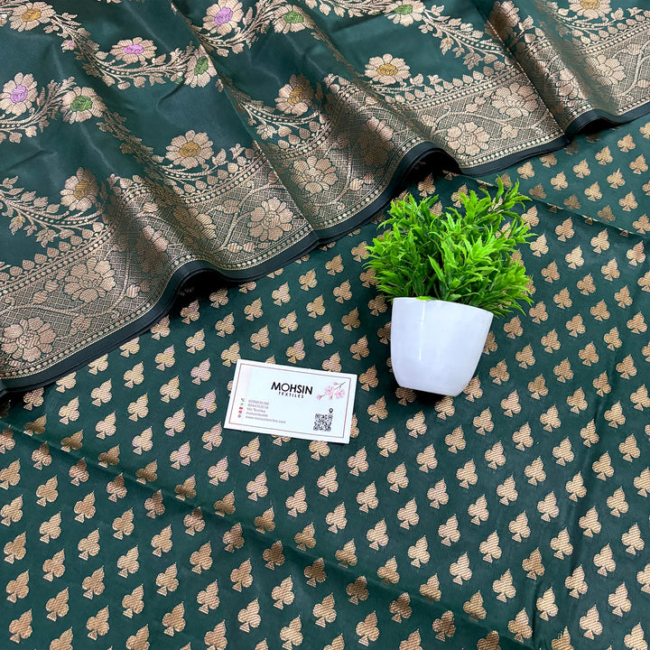 Bottle Green Chidiya Buti Satin Silk Banarasi Suit