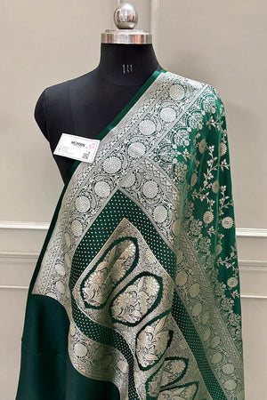Bottle Green Surajmukhi Jaal Katan Silk Banarasi Saree