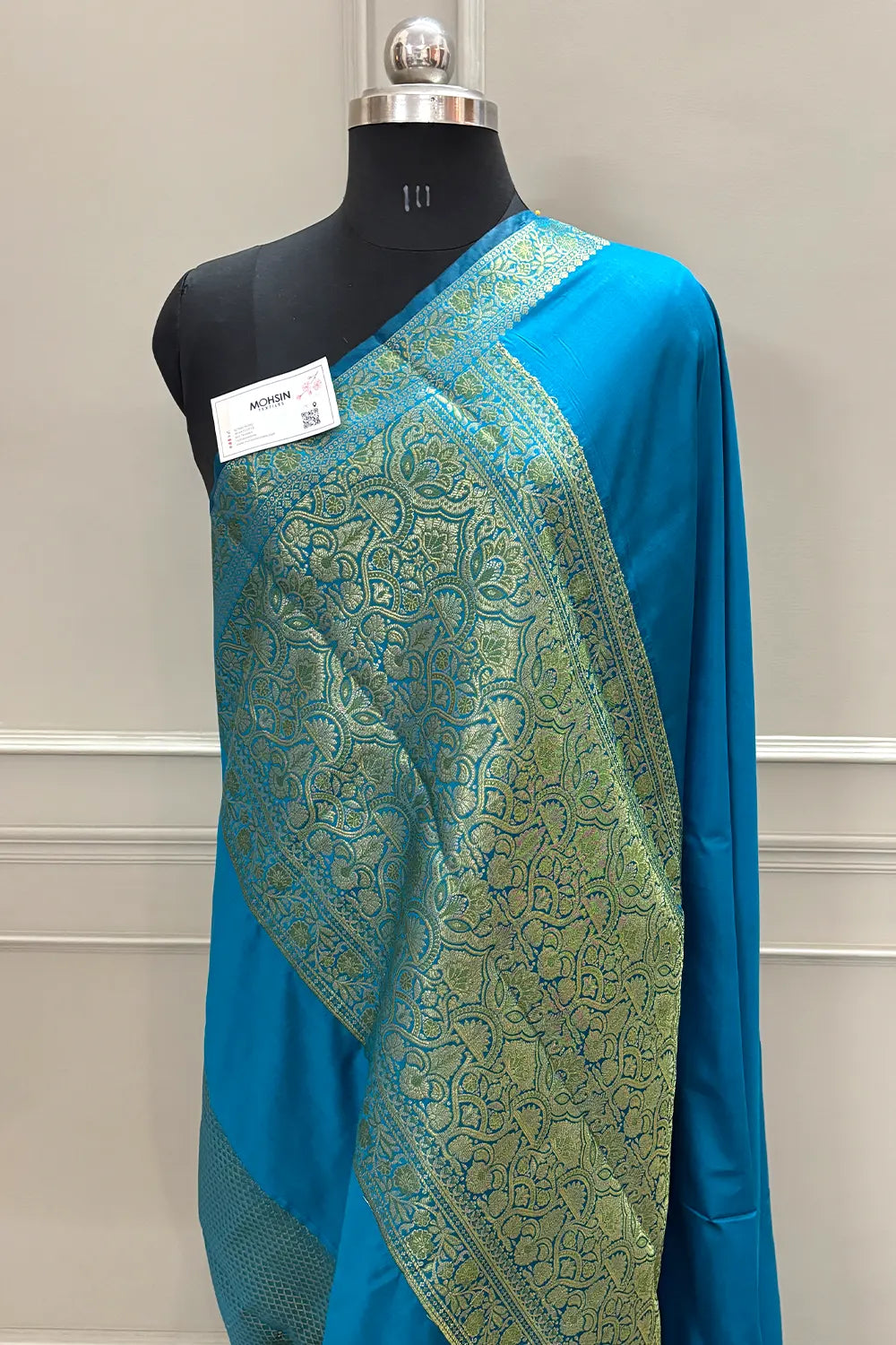 Firozi Plain Golden Zari Silky Banarasi Saree