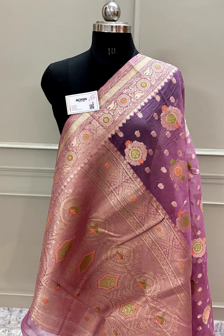 Lavender Golden Zari Organza Silk Banarasi Saree