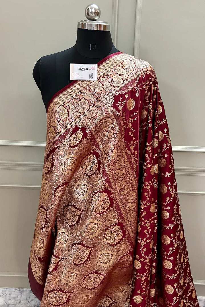 Maroon Churmuri Jaal Katan Silk Banarasi Saree