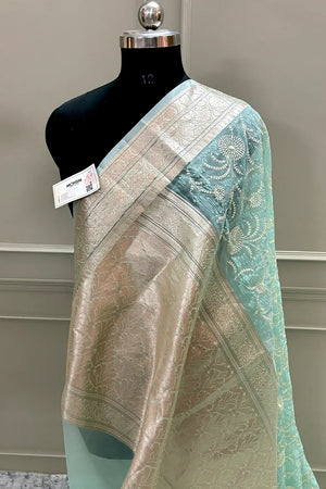 Mint Green Embroidery Organza Silk Banarasi Saree