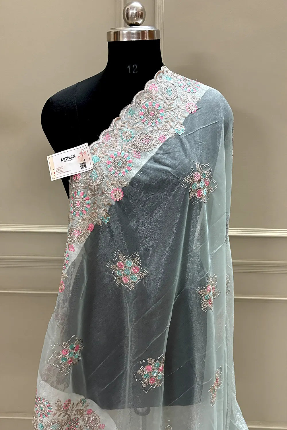 Mint Green Embroidery Siroski Brasso Net Saree