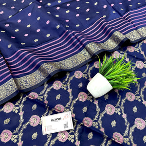 Navy Blue Golden Zari Satin Silk Banarasi Suit