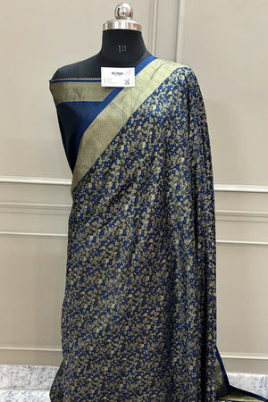 Navy Blue Jamawar Katan Silk Banarasi Saree