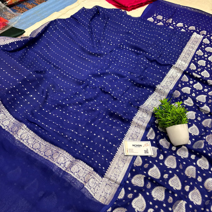 Navy Blue Patta Handloom Georgette Silk Banarasi Suit