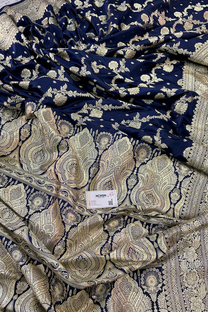 Navy Blue Tirchi Daal Katan Silk Banarasi Saree