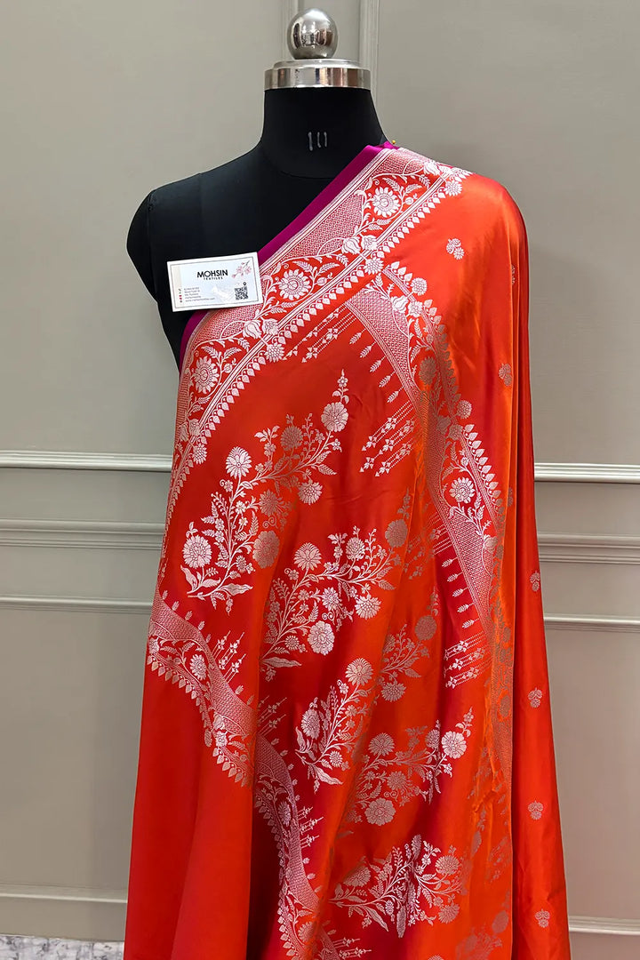 Orange Babri Buti Katan Silk Banarasi Saree