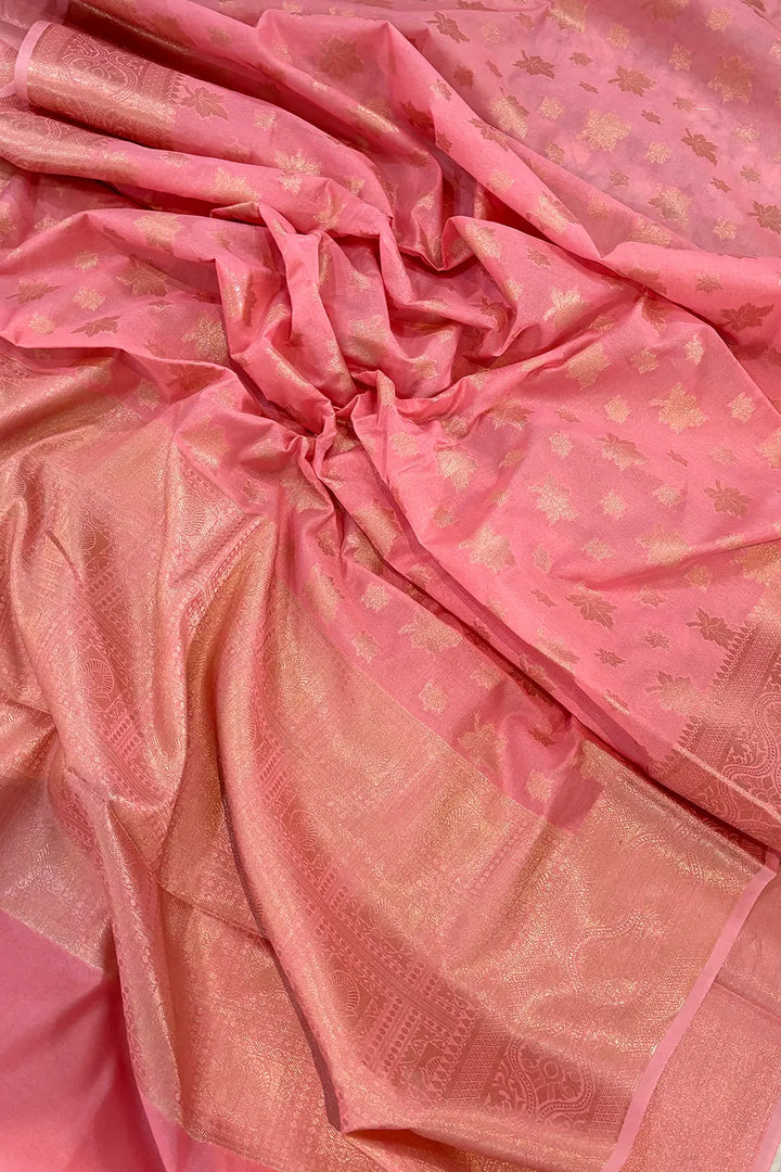 Peach Daab Buti Chanderi Silk Banarasi Saree