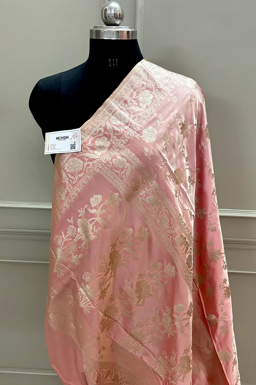 Peach Kesari Jaal Katan Silk Banarasi Saree