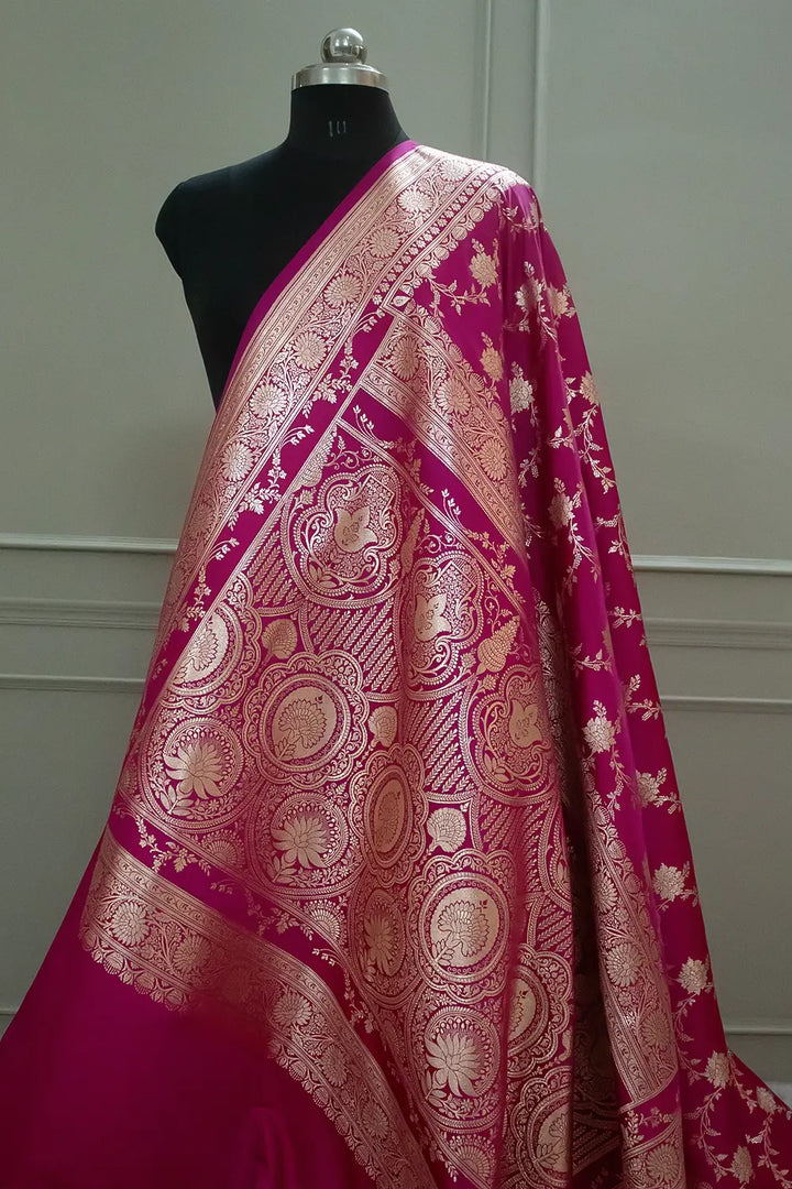 Pink Akbari Jaal Katan Silk Banarasi Saree