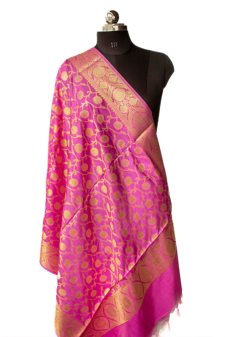 Pink Golden Zari Katan Silk Banarasi Dupatta