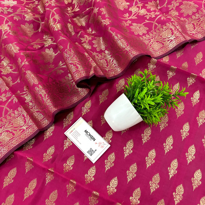 Pink Parvat Buti Satin Silk Banarasi Suit