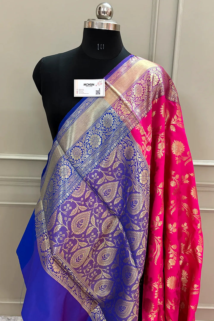 Pink and Royal Blue Morpankhi Jaal Satin Silk Banarasi Saree