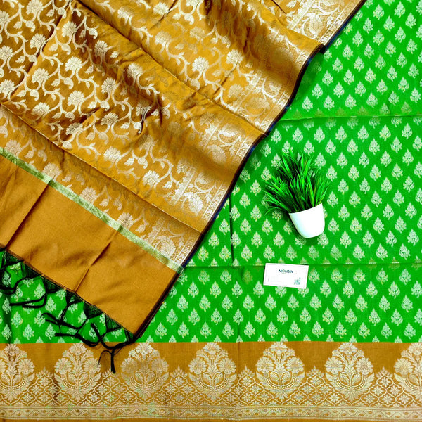 Pista and Mustard Podha Satin Silk Banarasi Suit