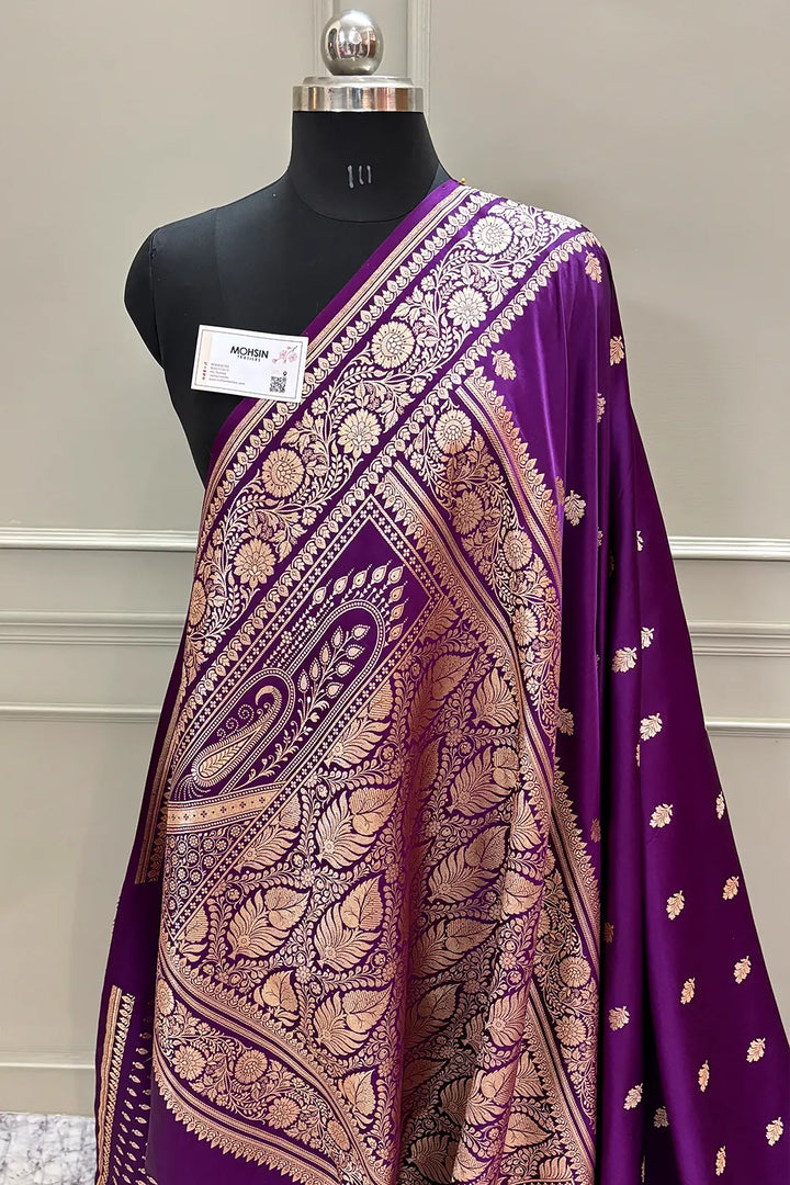 Purple Podina Buti Katan Silk Banarasi Saree