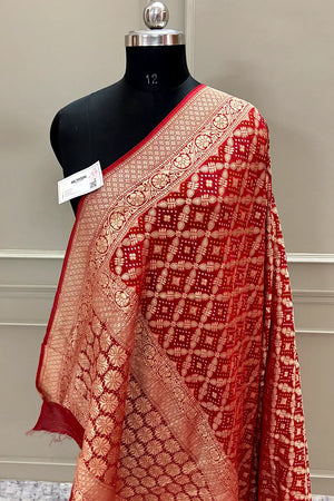 Red Bandhej Georgette Silk Banarasi Saree