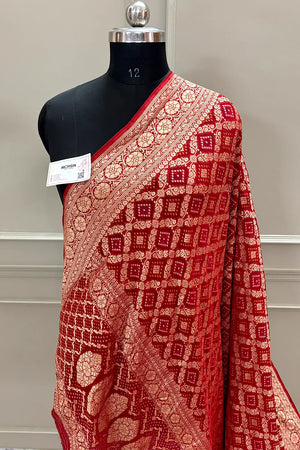 Red Bandhej Georgette Silk Banarasi Saree