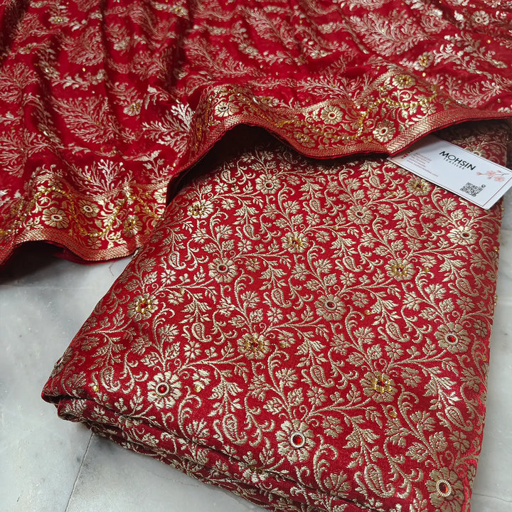 Red Stone Work Kimkhab Silk Banarasi Gharara