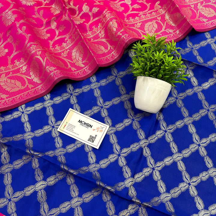 Royal Blue and Pink Zanjeer Satin Silk Banarasi Suit