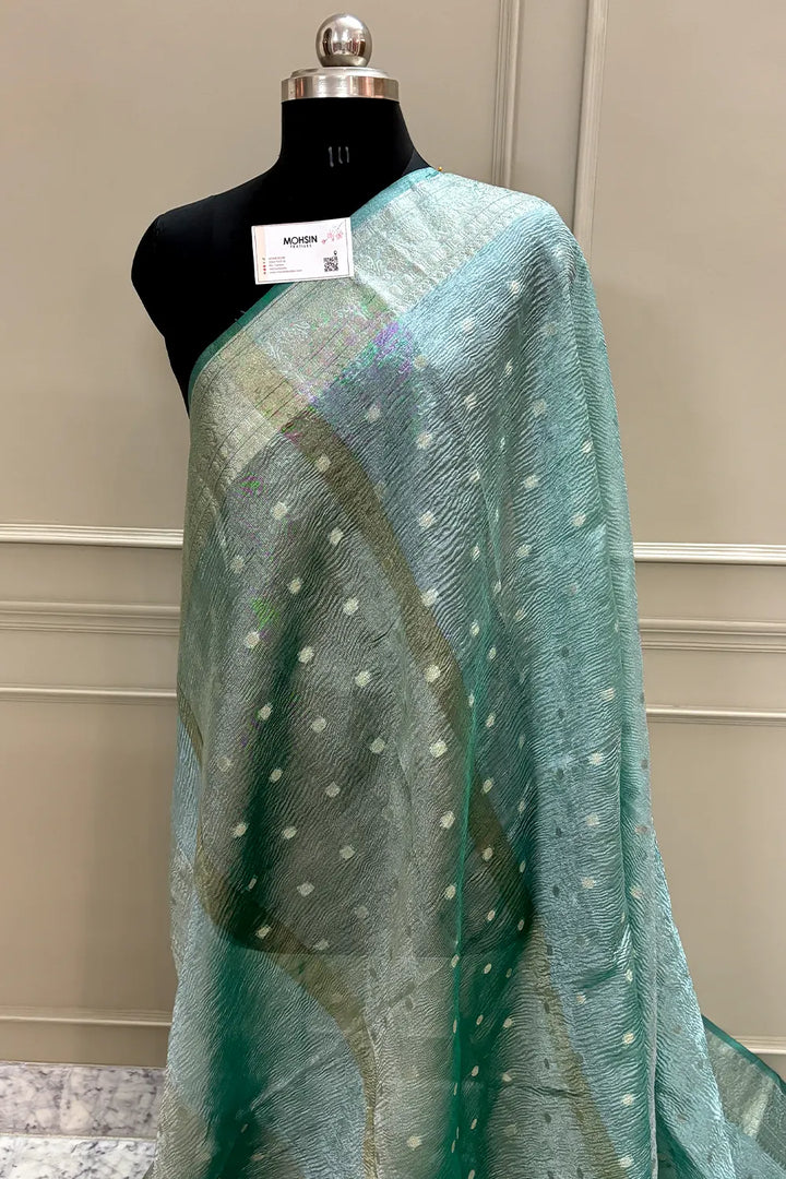 Sea Green Dollar Buti Crush Tissue Silk Banarasi Saree