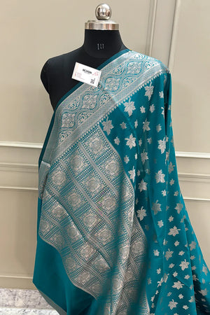 Teal Autumn Buti Chanderi Silk Banarasi Saree