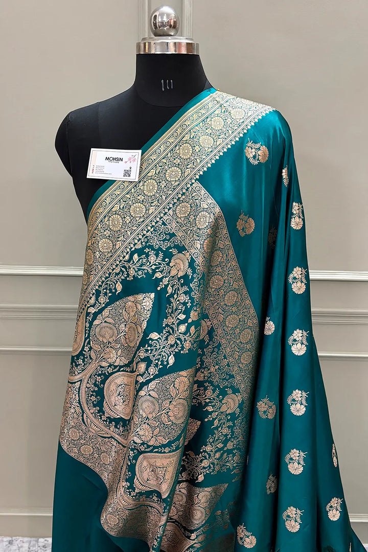 Teal Golden Flower Katan Silk Banarasi Saree