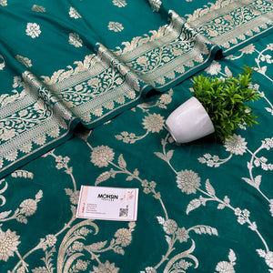 Teal Golden Zari Katan Silk Banarasi Suit