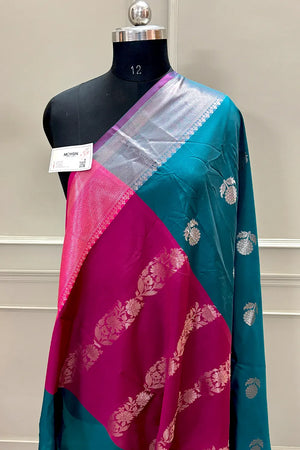 Teal and Pink Golden Zari Banarasi Silk Saree