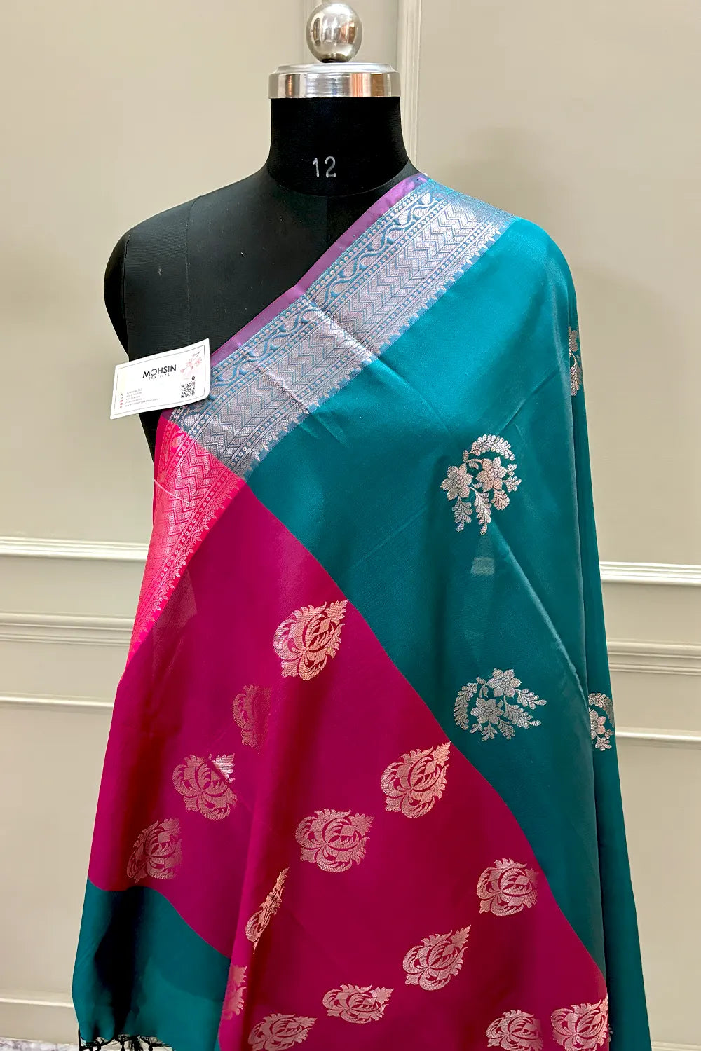 Teal and Pink Golden Zari Banarasi Silk Saree