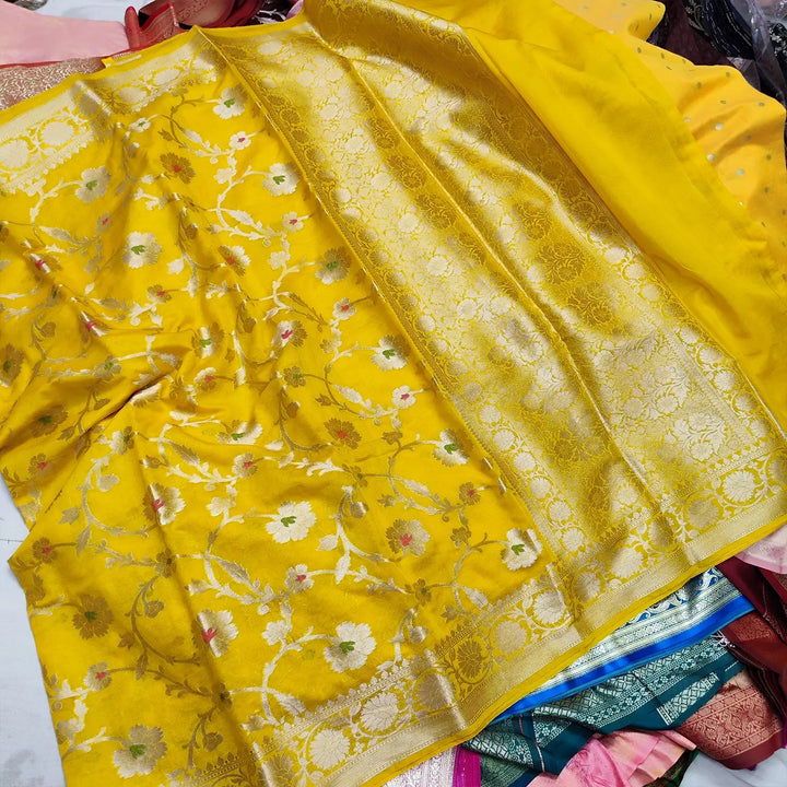 Yellow Golden Zari Georgette Silk Banarasi Saree