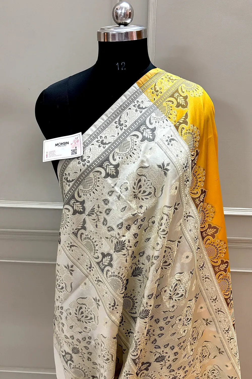 Yellow and Beige Plain Resham Silk Banarasi Saree