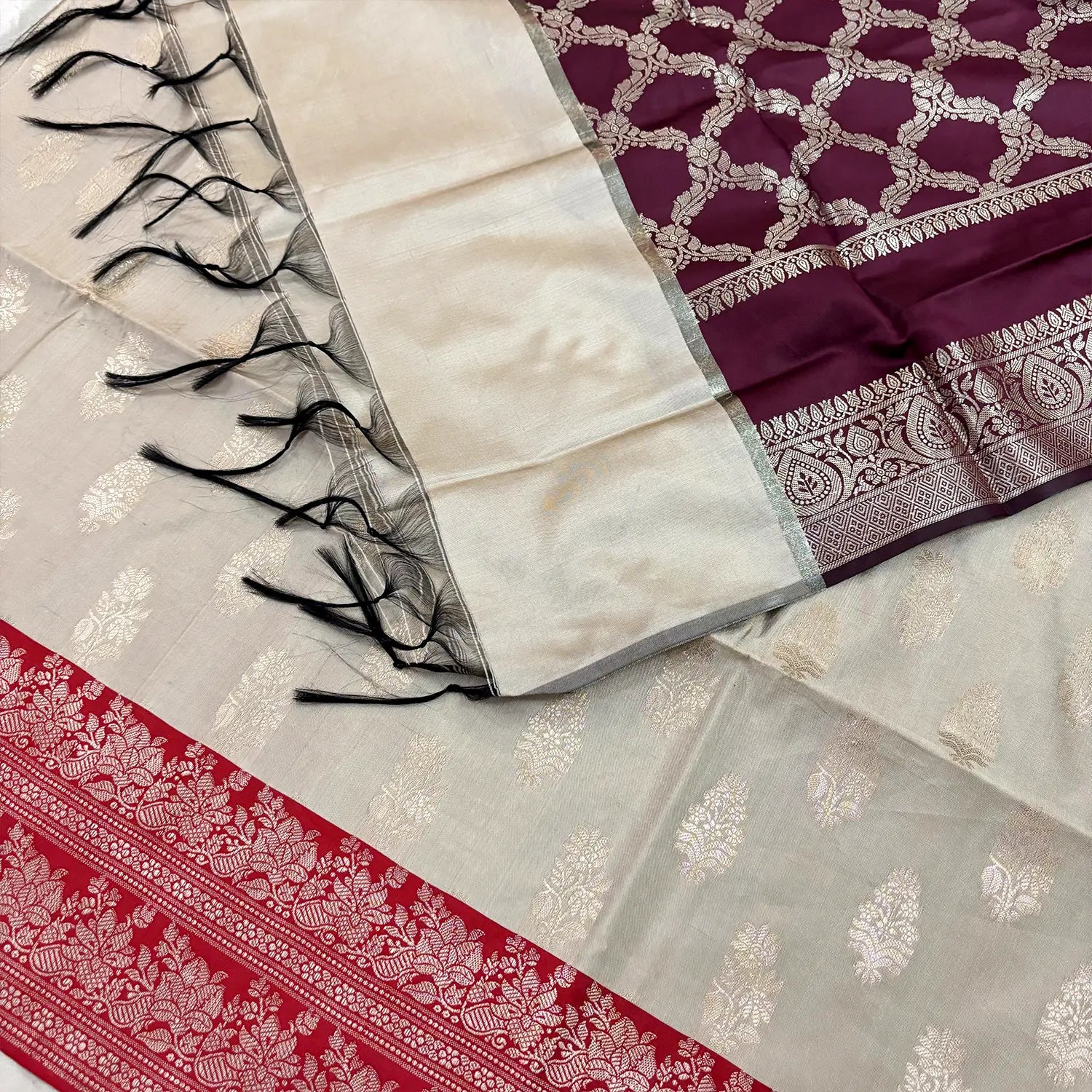 Beige and Red Phooldaan Buti Satin Silk Banarasi Suit