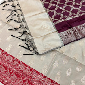 Beige and Red Phooldaan Buti Satin Silk Banarasi Suit