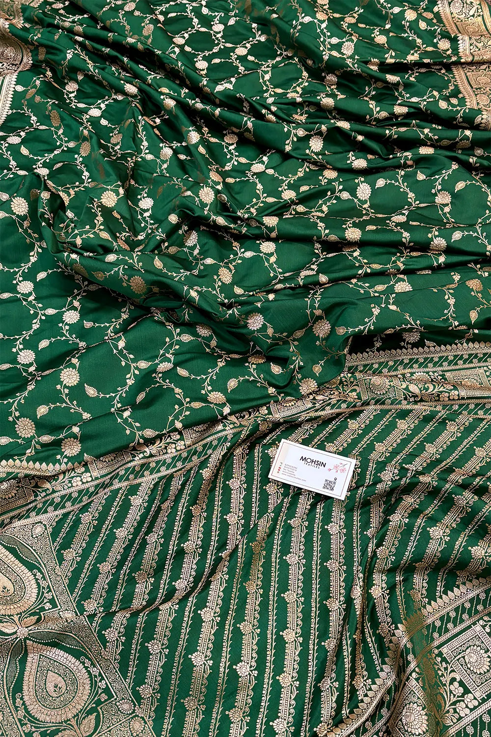 Bottle Green Albeli Jaal Katan Silk Banarasi Saree