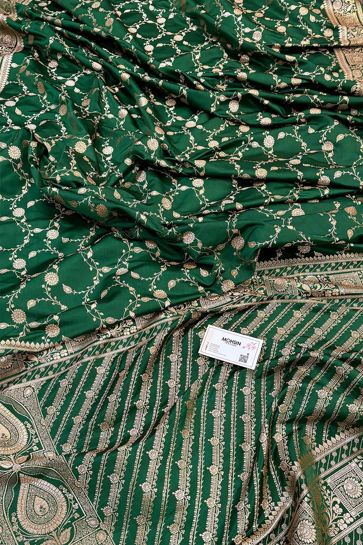 Bottle Green Albeli Jaal Katan Silk Banarasi Saree