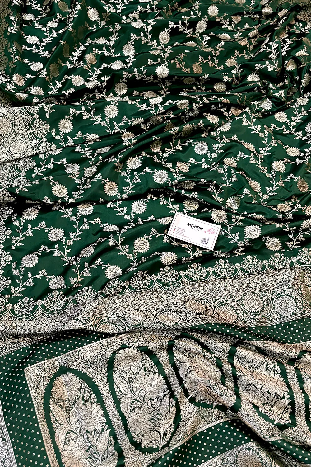 Bottle Green Surajmukhi Jaal Katan Silk Banarasi Saree