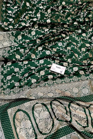 Bottle Green Surajmukhi Jaal Katan Silk Banarasi Saree